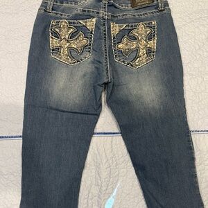 Love Indigo Blue Jean capris with Gold Embroidery
